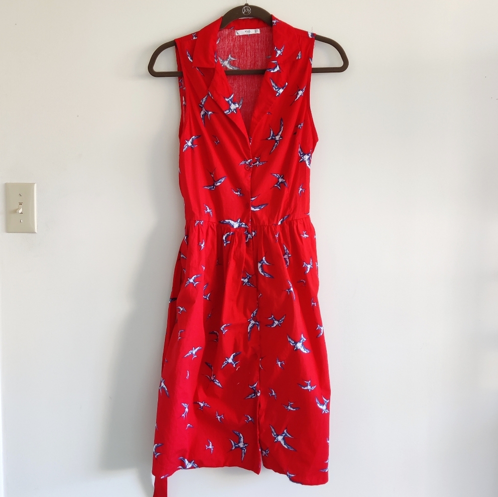 Red Cotton Sundress w/ Pockets, Swallows Print